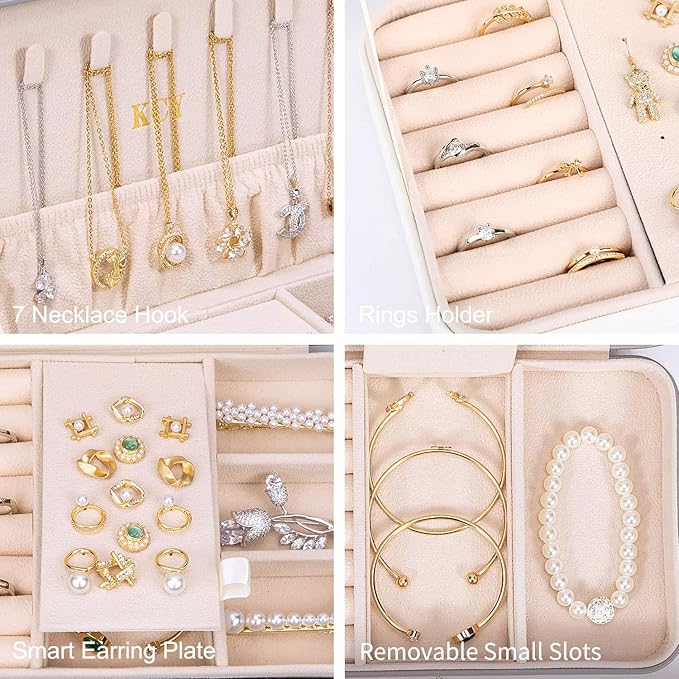 KCY Jewelry Box for Women Girls, Small Travel Jewelry Organizer Case, PU Leather Portable Jewelry Storage Boxes Display Holder for Ring Earrings Necklace Bracelet Bangle, Men Teen Kids Gift, White