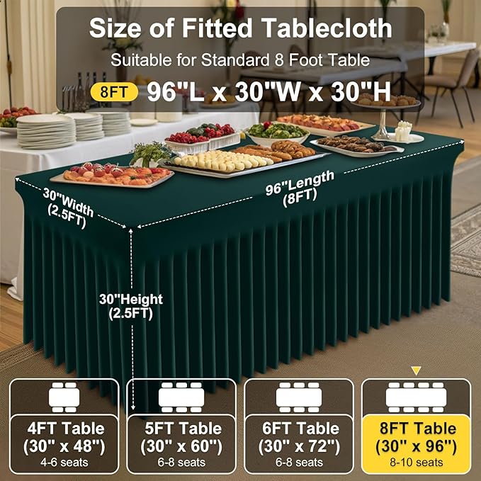 Smiry Spandex Tablecloth, Elastic Fitted Stretch Tablecloth for 8FT Rectangle Tables, Waterproof Washable Table Cover Skirt for Outdoor, Wedding, Banquet & Parties (Hunter Green, 96Lx30Wx30H Inch)