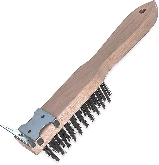 Carlisle FoodService Products 4577900 Heavy Duty Wood Handle Scratch Brush with Scraper, Carbon Steel Bristles, 11" x 2.5"