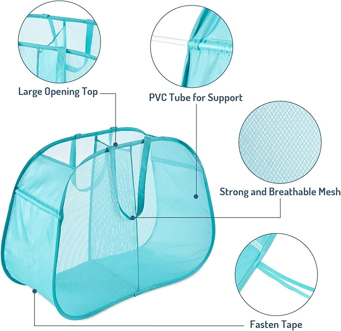 Mesh Popup Laundry Hamper 2 Compartment, Collapsible Laundry Sorter Basket Foldable Hamper for Clothes, College Dorm, Travel (Turquoise Blue)