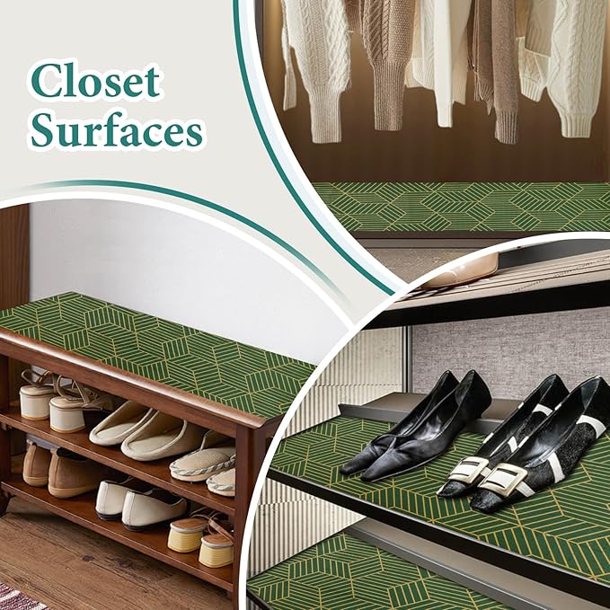 Shelf Liners for Kitchen Cabinets 23.6in x 30FT, Non-Adhesive Cabinet Liner, Strong Non-Slip Thickened Gold Green Geometric Drawer Liner, Easy to Clean for Shelf, Cabinet with Knife and Tape Measure