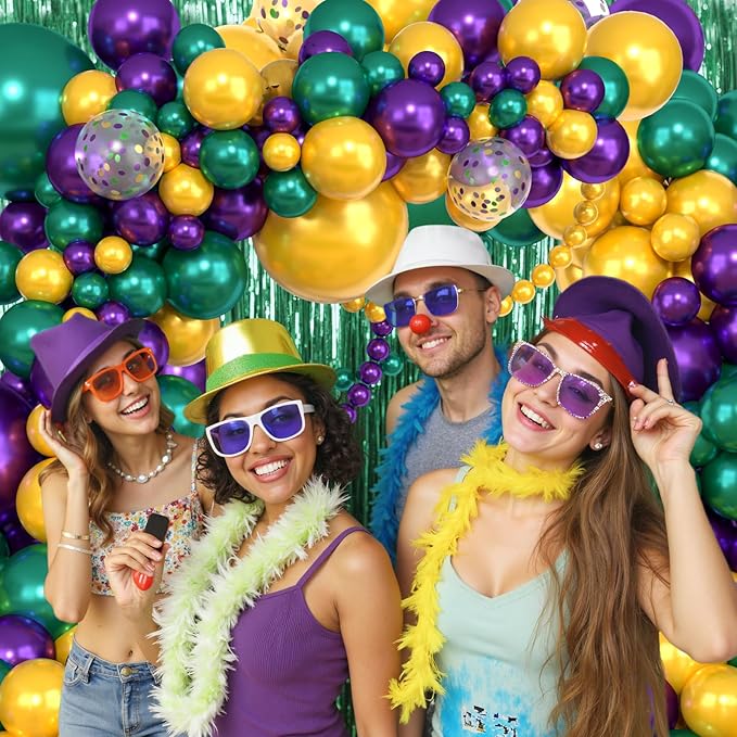 Amandir 153pcs Mardi Decorations Gras Balloons Arch Garland Kit, Different Sizes 18 12 10 5inch Pearl Purple Green Gold Confetti Mardi Balloons for Gras Fat Tuesday Carnival Birthday Party Supplies