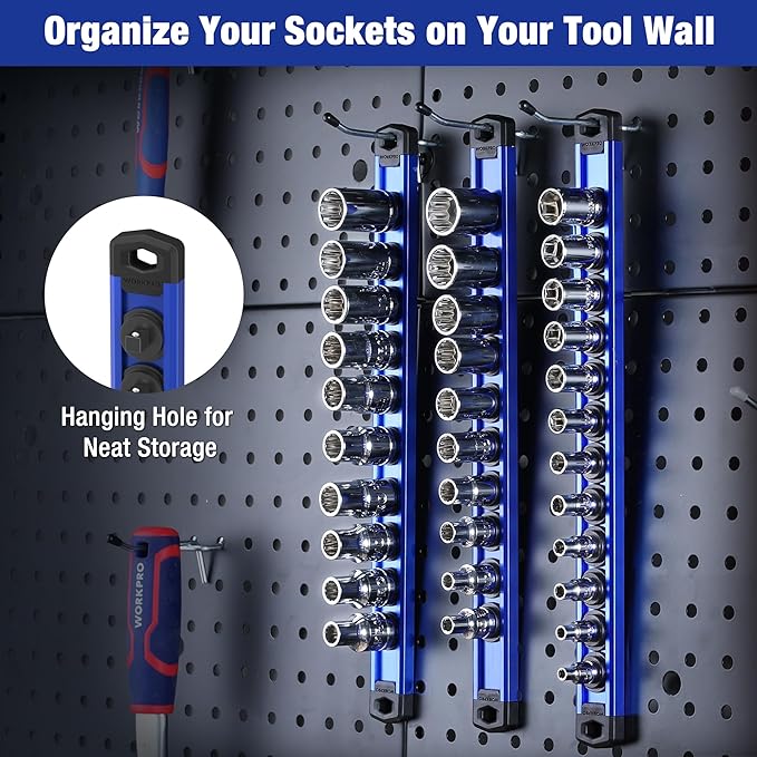 WORKPRO Magnetic Socket Organizer, 1/4-Inch Drive Aluminum Alloy Sockets Rail, Heavy Duty Sockets Holder, Socket Rack Kit 1/4-Inch x 12 Clips (Blue)