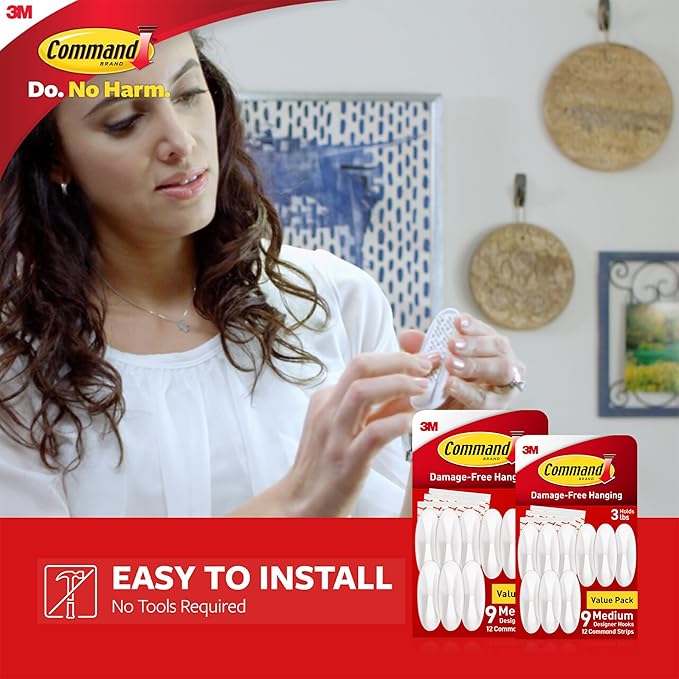 Command Medium Designer Hooks, Damage Free Hanging Wall Hooks with Adhesive Strips, No Tools Wall Hooks for Hanging Decorations in Living Spaces, 18 White Hooks and 24 Command Strips