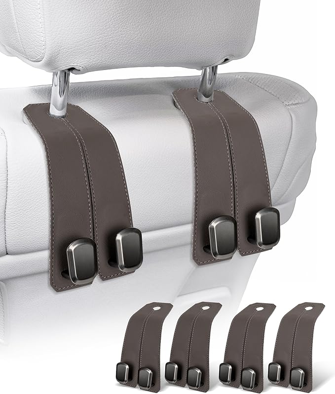 VETERBONE Car Hooks for Purses, 4PCS Car Purse Holder Hook Luxurious Leather 100% Metal Car Hooks for Headrest Multifunctional Car Hangers for Seat Car Seat Back Storage Hook Accessories (Brown)