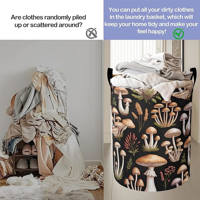 Vintage Mushrooms Laundry Basket, Ferns Oxford Cloth Laundry Hamper With Handle Foldable Portable Clothes Storage Basket Storage Bag For Laundry Room/Bathroom/Bedroom/Dormitories