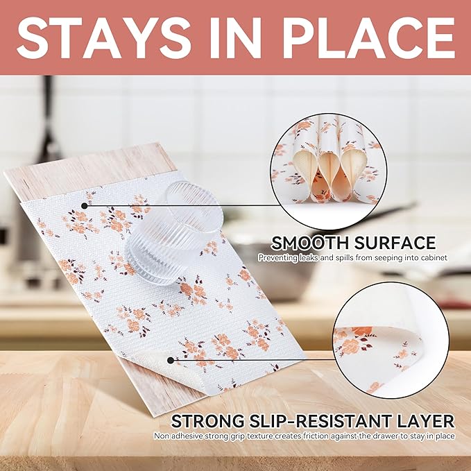 RAY STAR Shelf Liner, Non Adhesive Pink Orange Floral Printed Kitchen Cabinet Liner for Pantry Drawer Vanity, Strong Grip Non Slip, Shelf Liners for Kitchen Cabinets Cupboard 12 Inch x 10 FT (4 Rolls)