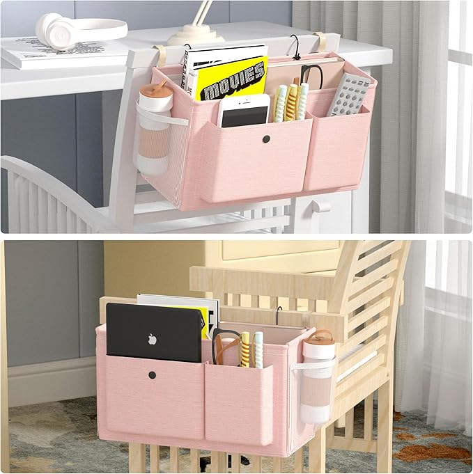 Bedside Caddy Bedside Organizer with Fixed Straps & Water Bottle Holder, Bunk Bed Caddy ideal for Home, Dorm, Hospital, Crib, Versatile Bedside Storage Solution (Pink)