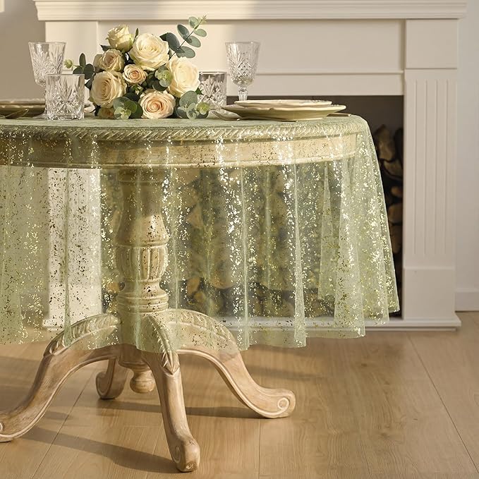 Horaldaily Sage Green Gauze Tablecloth 60x60 Inch Round, Golden Sequin Glitter Metallic Foil, Sheer Tulle Cheesecloth for Wedding Baby Shower Ceremony Birthday
