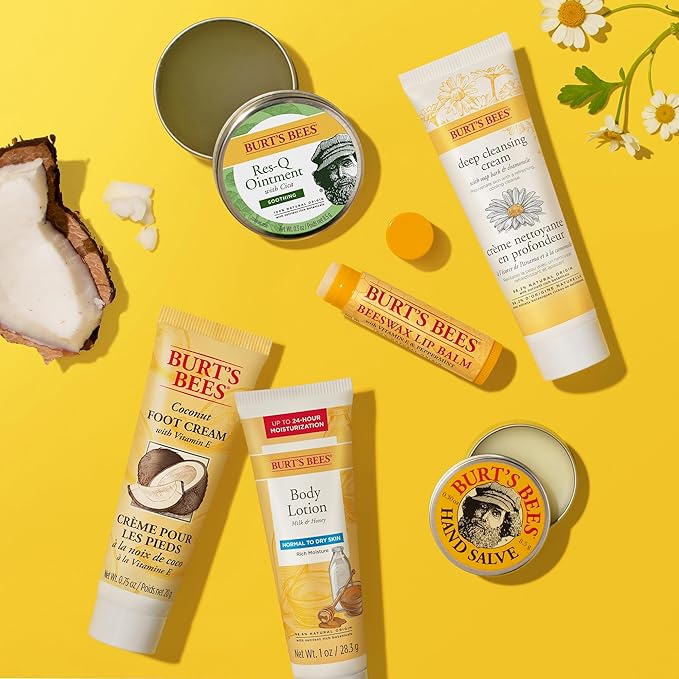 Burt's Bees Christmas Gifts, 6 Stocking Stuffers Products, Timeless Minis Kit - Original Beeswax Lip Balm, Coconut Foot Cream, Milk Honey Body Lotion, Deep Cleansing Cream, Res-Q Ointment & Hand Salve