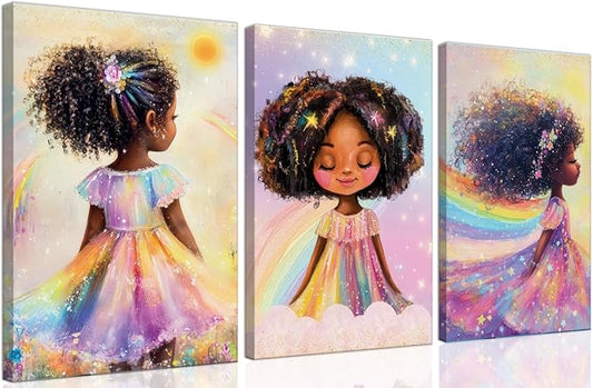 Black Girl Princess Wall Art, Rainbow Hair Girl Painting,Cute Afro Girls Art,Cute Black Girl Nursery Art,Whimsical Rainbow Art Print Set Poster,Black Kids Canvas Prints,Framed12 x 16inches X3piece