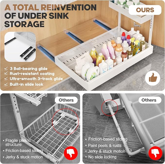1-Pack L-Shape Expandable Under Sink Organizer with 3 Ball-Bearing Slide Rails, 2-Tier Pull-Out Under Cabinet Storage Shelf for Kitchen & Bathroom, Height-Adjustable Slide-Out Cabinet Drawer - White