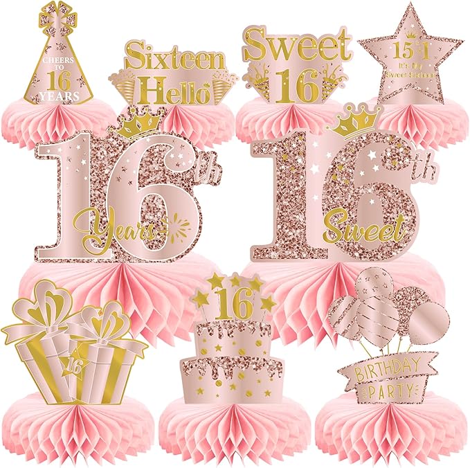9Pcs 16th Birthday Decorations Pink Rose Gold Honeycomb Centerpieces for Girls, Happy 16th Birthday Table Centerpieces Party Supplies, Sixteen Year Old Birthday Table Toppers Decor