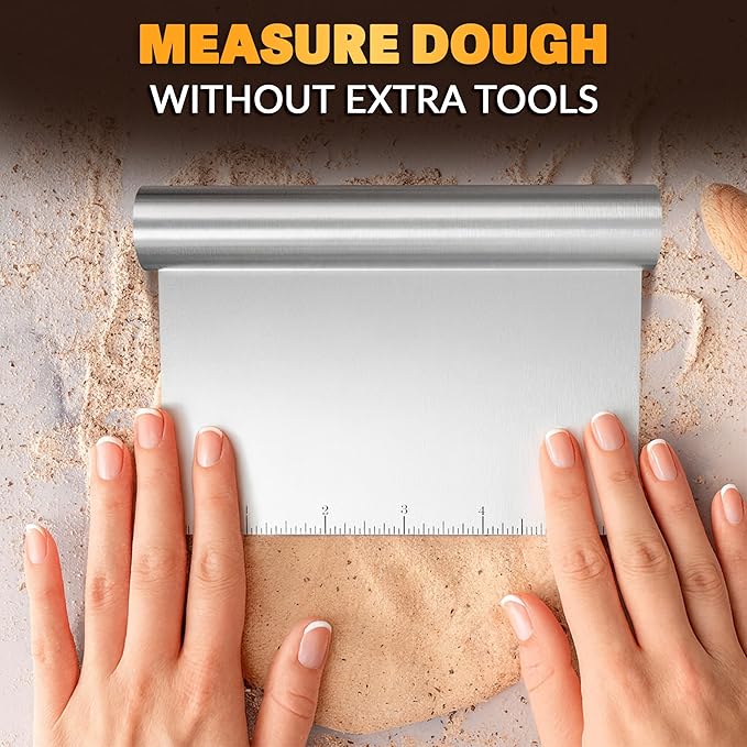 Bench Scraper Kitchen – Multipurpose Pastry Scraper Tool with Measurement Marks for Even Portions, Stainless Steel Build, Ergonomic Grip for Better Control – Pizza, Cookie & Bread Dough Cutter Tool