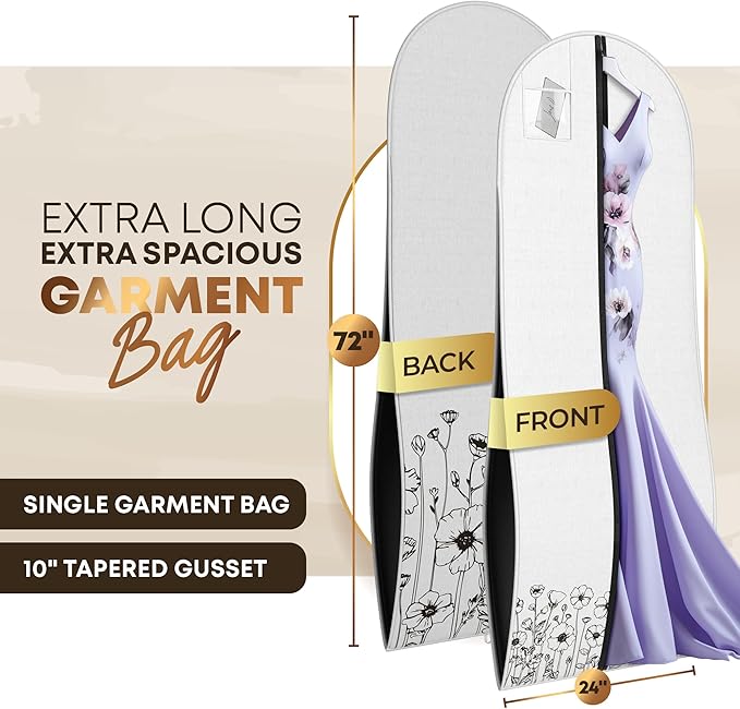Your Bags Women’s Dress and Gown Garment Bag -72”x24” and 10” Tapered Gusset Prom Bags (Wildflower White)