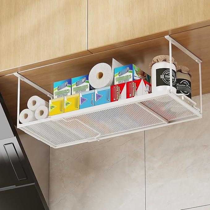 ROLIZOE 1 Pack Expandable Under Cabinet Shelf, Under Shelf Basket with 0.94 Inches Thick Clips for Kitchen Cupboard, Metal Hanging Under Desk Basket for Laundry Room, Cabinet, Shoe Rack