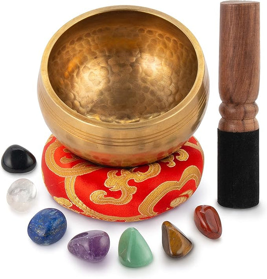 Tibetan Singing Bowl Set - Easy To Play for Beginners - Authentic Handcrafted Mindfulness Meditation Holistic Sound Bowl 7 Chakra Healing Gift by Himalayan Bazaar (4 Inch with Chakra Stones)