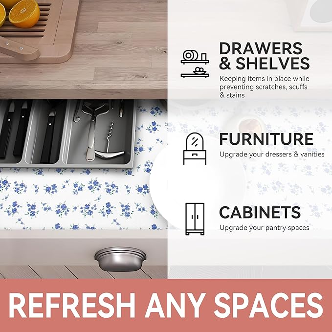 RAY STAR Shelf Liner, Non-Adhesive Blue Floral Kitchen Cabinet Liner for Pantry Drawer Vanity, Strong Grip Non-Slip, Shelf Liners for Cupboard 18 Inch x 8 FT (7 Rolls) Signature Delivery