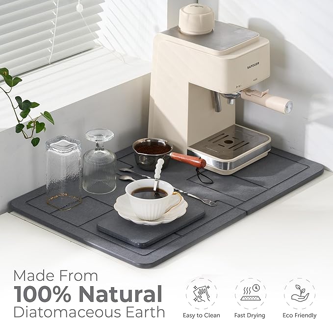 Large Stone Dish Drying Mat for Kitchen Counter, 2PCS Stone Drying Mat for Kitchen Counter, Detachable Water Absorbing Diatomaceous Earth Drying Pad for Bottles Dish Cups(Dark Gray 24"×16" & 8"x5")