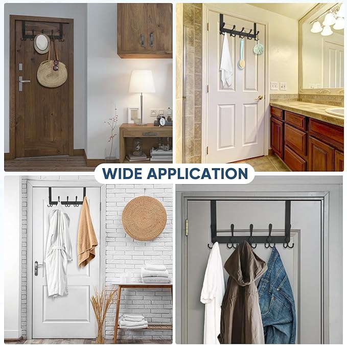 TICONN Over The Door Hooks, 5 Heavy Duty Tri Coat Rack All Metal Coat Hanger for Bathroom Bedroom Dorm (Matte Black, 2PK, Fit 1-3/8" Doors)
