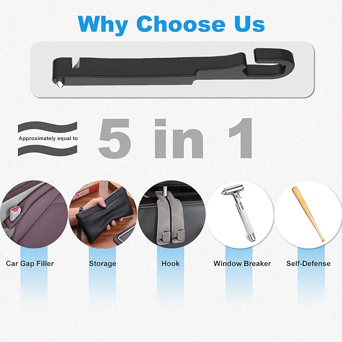 Universal Car Seat Gap Filler 2 pack with Organizer Hook & Emergency Glass Breaker Prevent Small Items & Tools from Falling Ultimate Seat Side Gap Stopper for All Vehicles, Trucks & SUVs