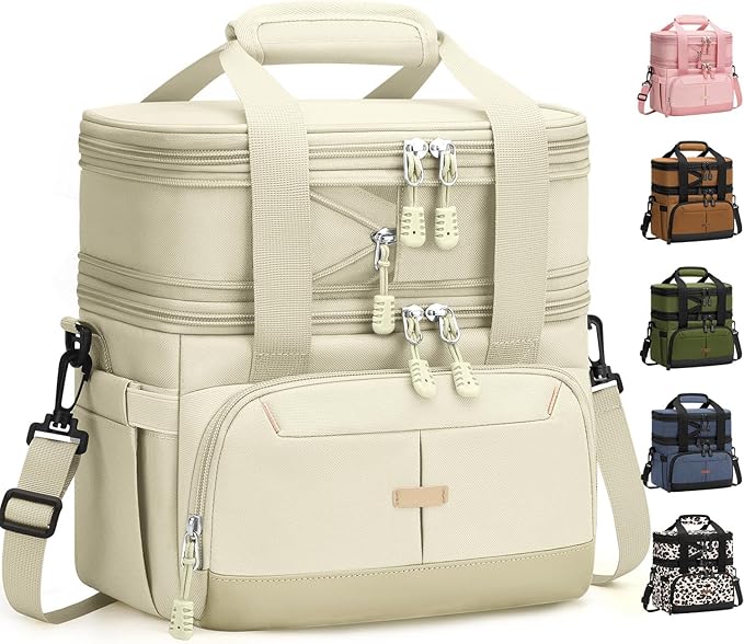 Pritent Lunch Box For Men Women Double Deck Insulated Lunch Bag For Men Woman Leakproof Expandable Cooler Bag with Adjustable Shoulder Strap for Kids Shool Work Picnic Camping(Beige,Large)