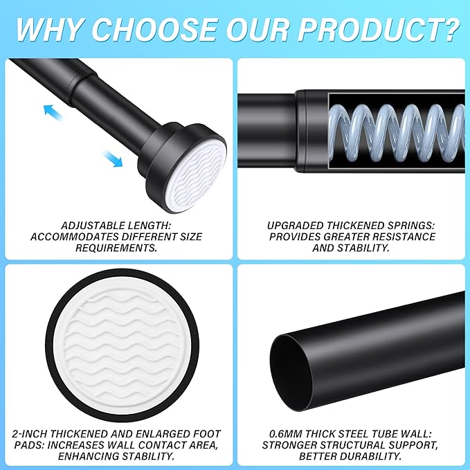 Suranew 25-38" Black Heavy Duty Spring Tension Shower Curtain Rod, No Drill Stainless Steel Rust-Resistant Adjustable Bathroom/Closet Rod with Non-Slip Pads
