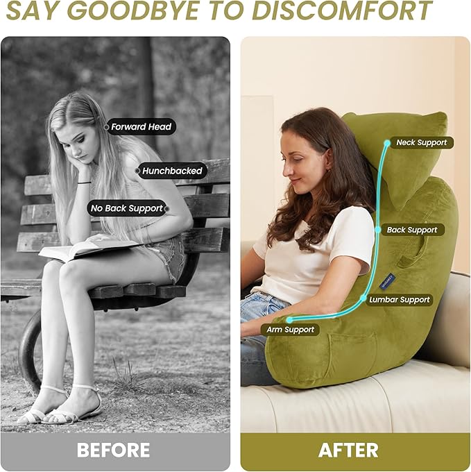 Portable Reading Pillows with Headrest for Bed Sitting Up(Pale Green Oeko-Tex), Velvet Back Pillow with Arms & Pockets for Adults, Support Memory Foam Bed Pillow for Dorm/Watching/Gaming