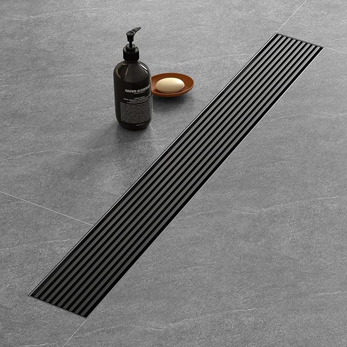 Sharpeye 24 Inch Linear Shower Drain with Removable Wedge Wire Pattern Grate, Matte Black 304 Stainless Steel Rectangle Shower Floor Drain for Bathroom, CUPC Certified, with Hair Strainer