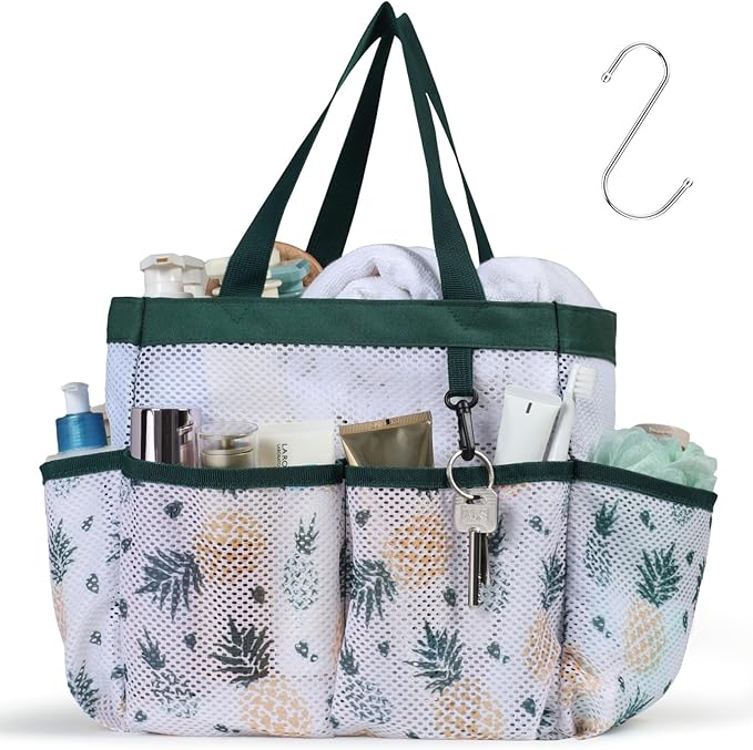 F-color Portable Shower Caddy - Mesh Shower Bag Basket Tote for College Dorm Room Essentials Bathroom Gym Camp Quick Dry for Women Men with S Hook, Green Pineapple