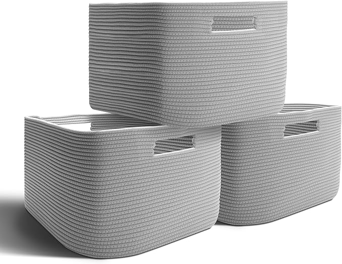 YACEYACE Fabric Bins Cube, 3 Pack Storage Cubes Organizer for Toy, Closet, Foldable Baskets for Shelves, Rope Baskets with Handles, 15''Lx10''Wx9''H