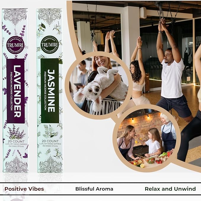 Trumiri Incense Sticks - Combo Pack of 40 Insence-Sticks - 20 Lavender + 20 Jasmine - Insenses - Insents - Incents - Inscense - Incence - Incienso - All Natural Incense Sticks