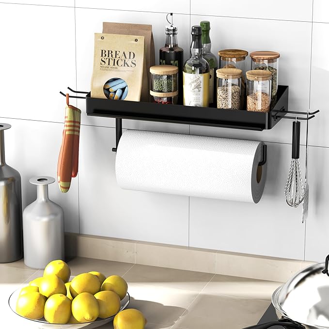 YIGII Wall Mount Paper Towel Holder with Shelf and Phone Stand, Garage Stainless Steel Paper Towel Rack with 4 Hooks for Shop Organization and Storage (Black)