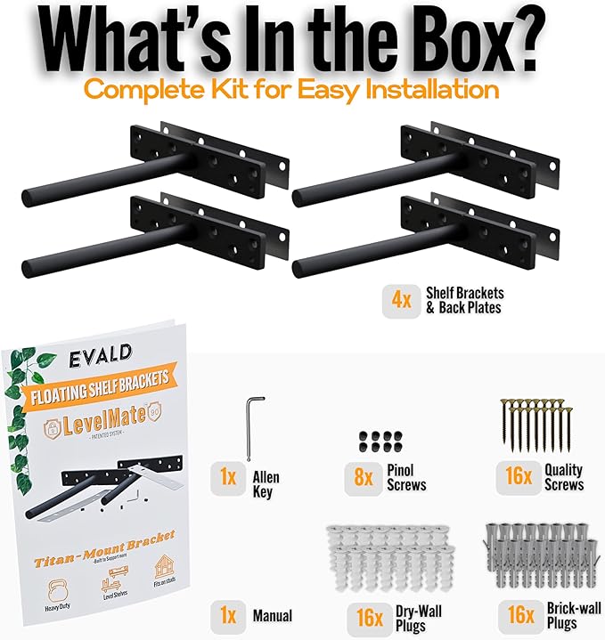 EVALD LevelMate™ 8" Titan-Mount Floating Shelf Brackets | Heavy Duty Hidden Black Carbon Steel Wall Supports for Wood Mantel, Bookshelf, Kitchen & Office Shelving | Invisible Bracket Hardware (4 Pack)