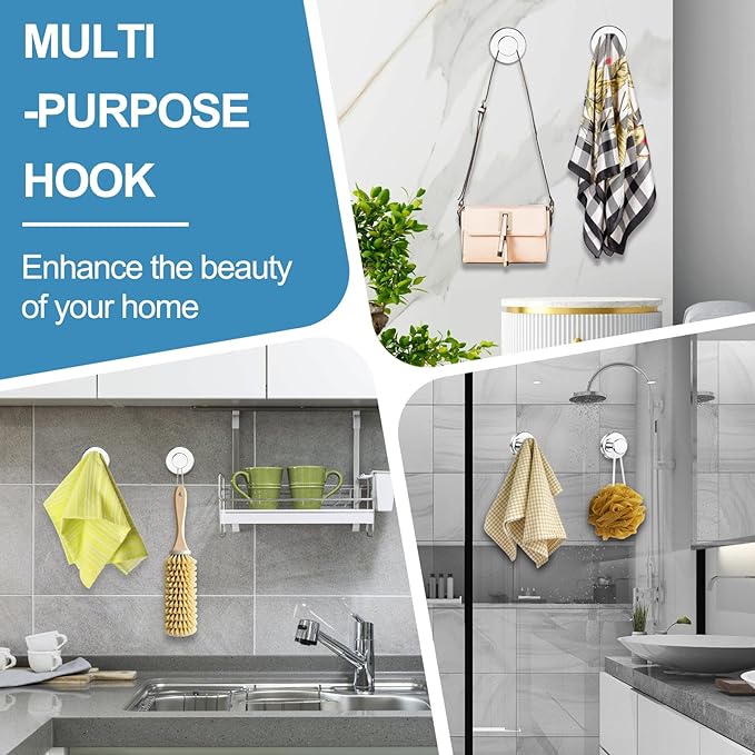 Suction Cup Hooks for Glass Window, Mirror, Wreaths - Shower Hooks for Inside Shower, No Drill Towel Hooks for Bathrooms, Bath Robe Coat Looafh Hook for Hanging - Chrome(2 Pack)
