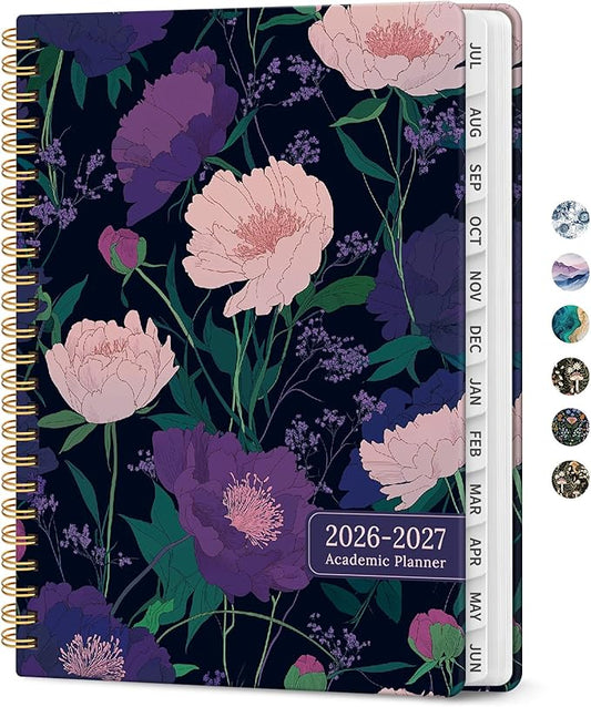 Planner 2026-2027, Academic Monthly and Weekly Calendar Planner for Women, July 2026 - June 2027, Hardcover Pretty Agenda Planner Book with Tabs, Spiral Daily Organizer for School Office Home Supplies, 8.5" x 11" - Plum Reverie