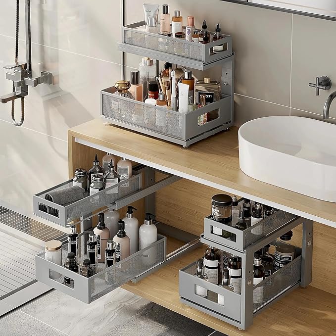 Corbyles 2 Pack 15.74IN-Depth Under Sink Organizer With Next-Gen Ball-Bearing Slides, 2-Tier Pull Out Cabinet Storage, Height Adjustable Drawer Shelf for Bathroom, Kitchen, Laundry, Cabinet, Pantry - Gun Gray