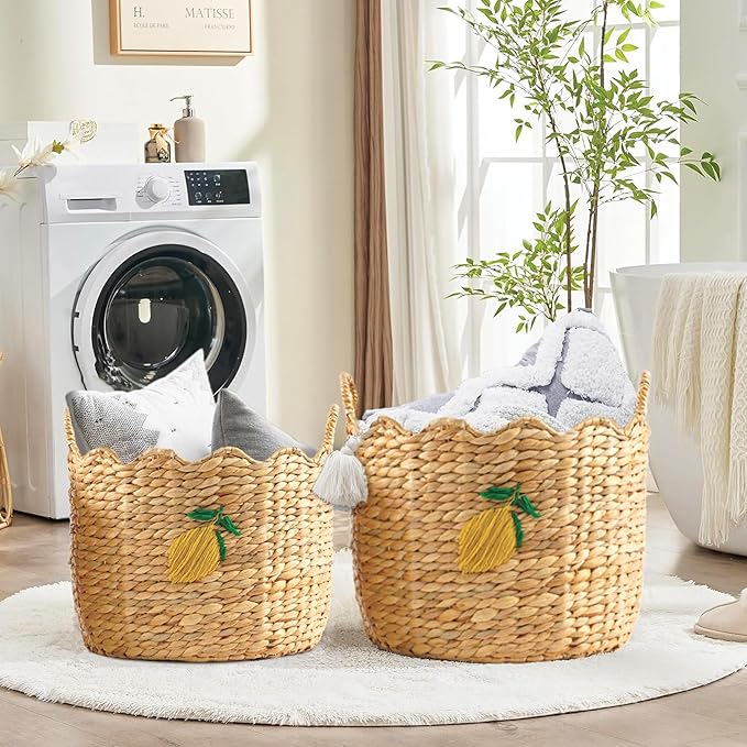 Greenatural Water Hyacinth Storage Baskets Set of 2, Handwoven Round Organizers with Wavy Edge and Embroidered Yellow Lemons, Wicker Bins with Handles for Laundry, Blankets, Plants, Bedroom, Bathroom
