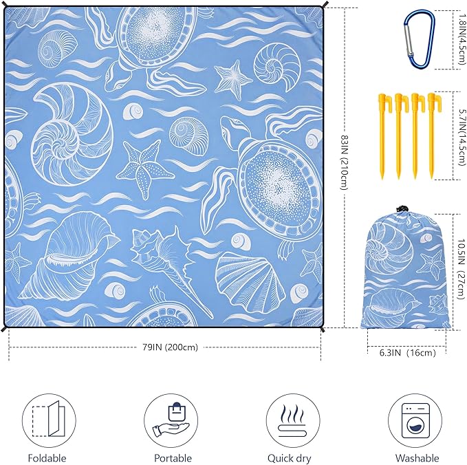 WIWIGO Beach Blanket Waterproof Sandproof Beach Mat 79" X 83"/10'x9' for 2-8 Adults Quick Drying Outdoor Picnic Mat Beach Accessories for Travel, Camping, Hiking