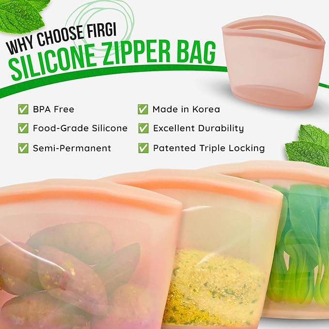 Premium Platinum Silicone Reusable Food Storage Bag 6.3 Cup (53 fl oz), Airtight Zip Lock Bags for Food, BPA-Free Silicone Freezer Bags, Microwave Safe Sous Vide Container, White