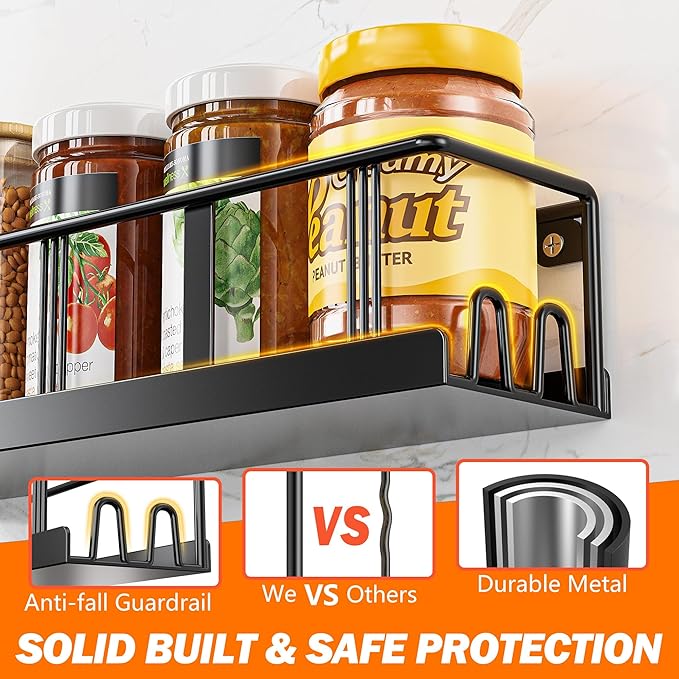 Spice Rack Wall Mounted 2 Pack, Space-Saving Spice Organizer for Spice Jars and Seasonings, Screw or Adhesive Hanging Spice Rack Organizer for Your Kitchen Cabinet, or Pantry Door