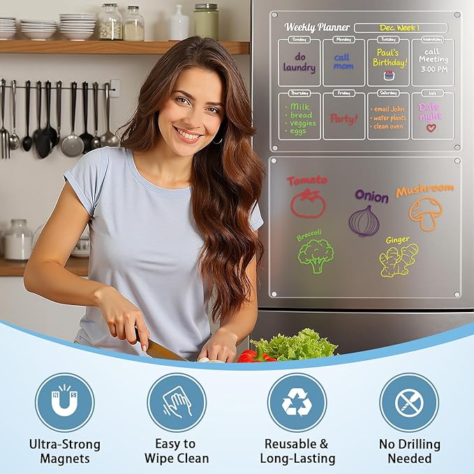 Grtard Acrylic Fridge Calendar Dry Erase Board for Fridge, Acrylic Calendar for Fridge Calendar Magnet, 16''x12'' Monthly Calendar for Fridge, Magnetic Whiteboard for Refrigerator with 8 Markers