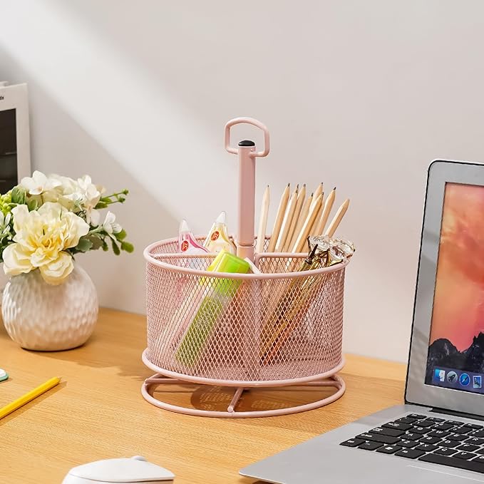 Marbrasse Mesh Desk Organizer, 360-Degree Rotating Multi-Functional Pen Holder, 4 Compartments Desktop Stationery Organizer, Home Office Art Supply Storage Box Caddy (Pink)