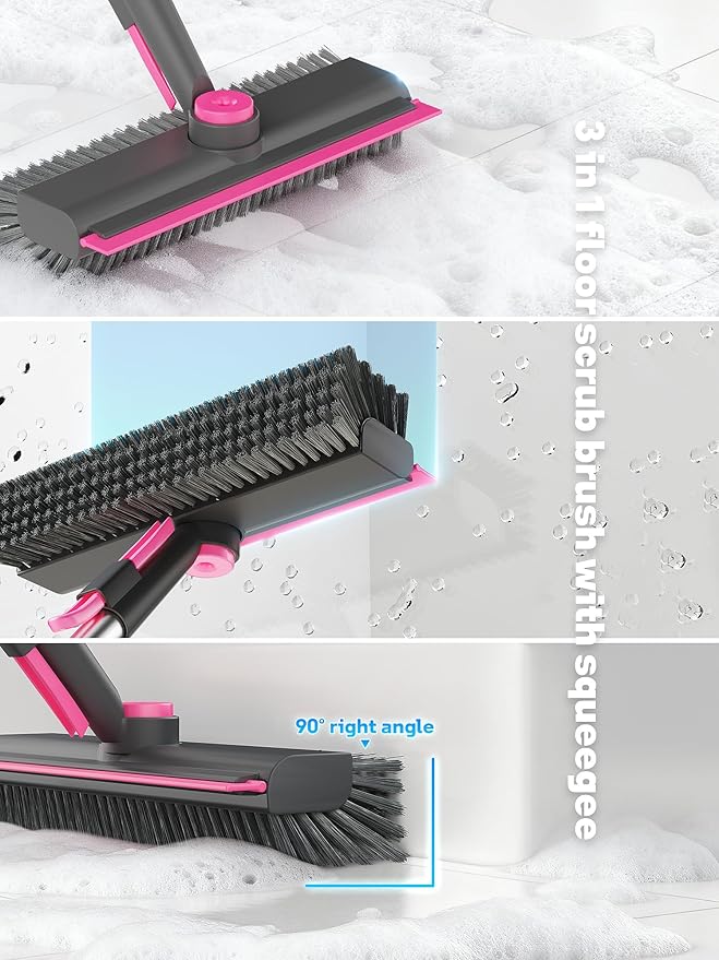 HelpX Floor Scrub Brush with Long Handle, 3 in 1 Multi-angle Swivel Right Angled Bristle Floor Scrubber Brush with Squeegee and Tweezer for Tile Wall Deck Bathroom Patio Garage Kitchen (Pink and Grey)