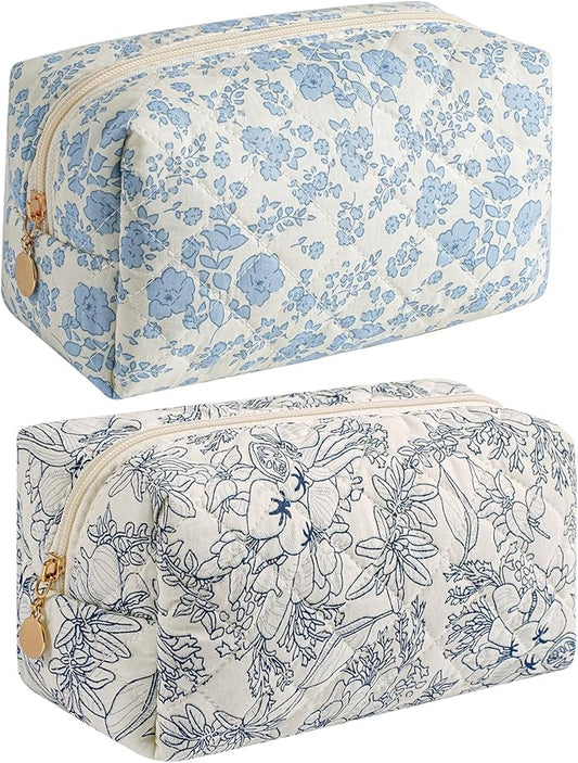 HHQQWZ Makeup Bag Travel Cosmetic Bag for Women Girls, Zipper Make Up Pouch, Floral Flowers Toiletry Organizer Makeup, Portable Storage Bag, Cosmetic Travel Cloth Bag (Blue Floral+Navy Blue Flower)