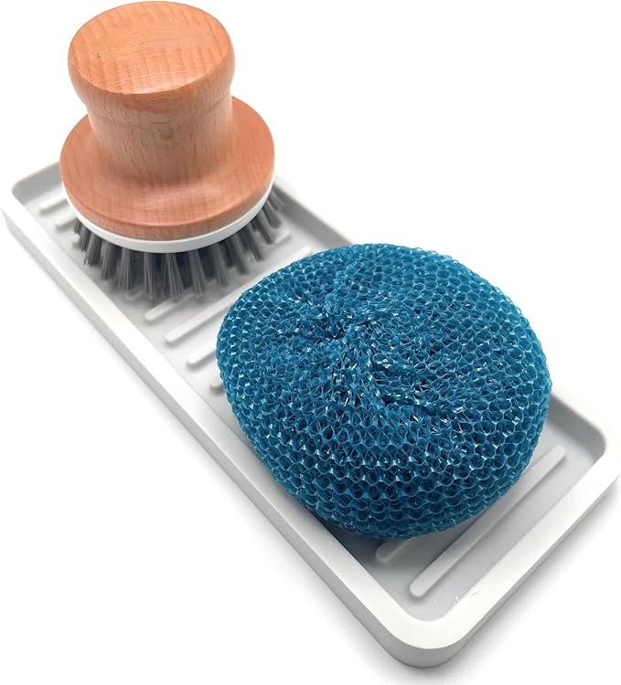 Happitasa Silicone Kitchen Sink Organizer Tray, Sponge Holder and Countertop Protector | Bathroom and Kitchen Soap Dish and Dispenser Tray (Light Grey, 9"x3.5")