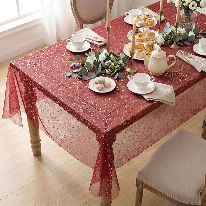 Horaldaily Burgundy Gold Gauze Tablecloth 60x120 Inch Rectangular, Golden Sequin Glitter Metallic Foil, Sheer Tulle Cheesecloth for Wedding Baby Shower Ceremony Birthday