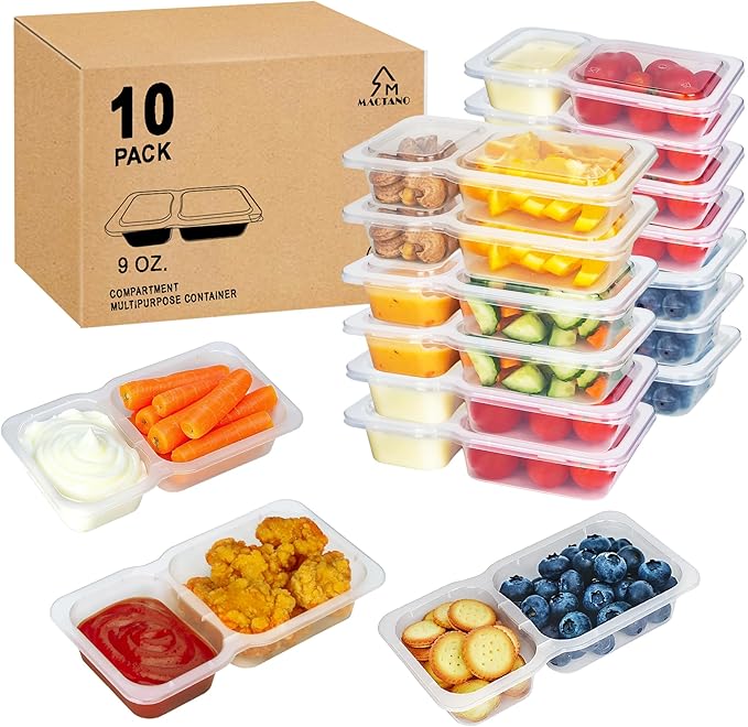 MACTANO 9 OZ Reusable Snack Containers with Lids, New Double Compartment Condiment Snack Pack Containers 10 Sets