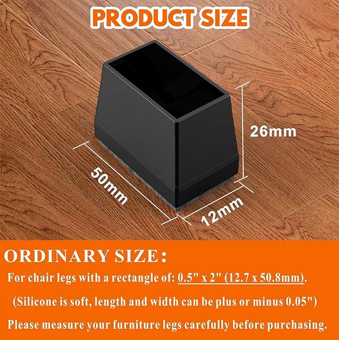 Rectangle Chair Leg Protectors for Hardwood Floors,16 PCS Silicone Covers to Protect Wood Tile Floors Felt Pads Furniture Leg Caps Reduce Noise. Easy to Move.(Black,0.5 x 2 Inch,Rectangular)