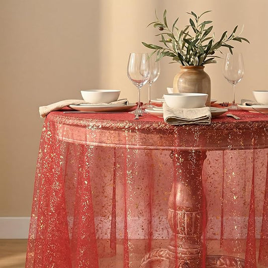 Horaldaily Red Gold Gauze Tablecloth 60x60 Inch Round, Red Sequin Glitter Metallic Foil, Sheer Tulle Cheesecloth for Wedding Baby Shower Ceremony Birthday